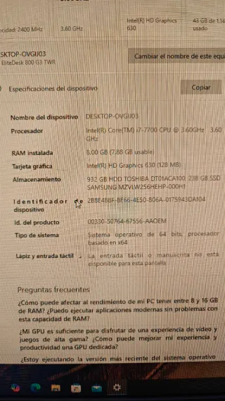 HP Elite i7 doble disco SSD 1T/238 Gb Monitor 27