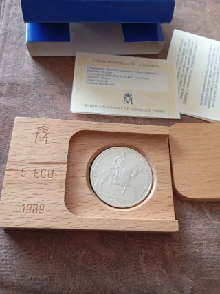 Moneda Onza Plata Española 5 ECU 1989