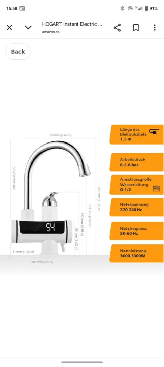 Grifo Calentador Agua Instantáneo HOGART