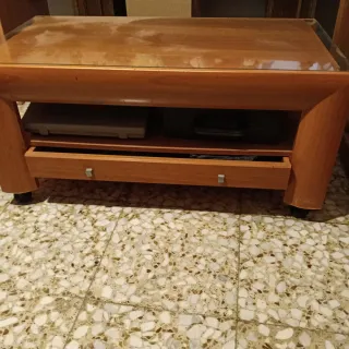 Mesa centro madera y cristal alargada y cajon