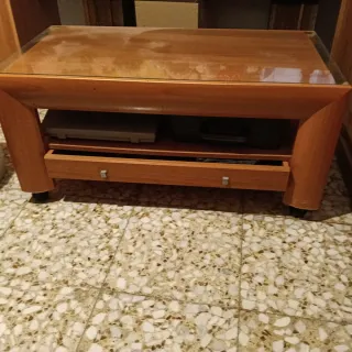 Mesa centro madera y cristal alargada y cajon