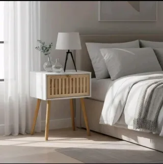 Mesita auxiliar blanca y madera sin usar.