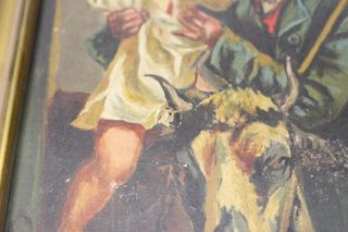 Niño sobre vaca con anciano. Reproducción de pintura rusa s.XIX.