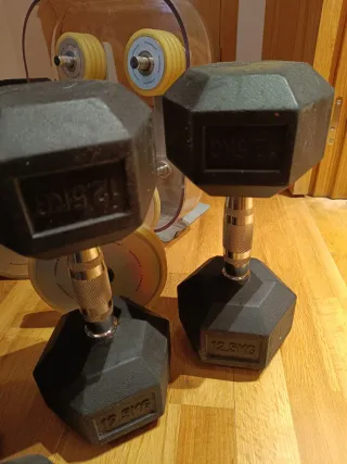 Banco de pesas + mancuernas y discos