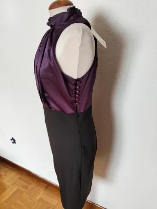 Vestido fiesta halter satén morado y negro