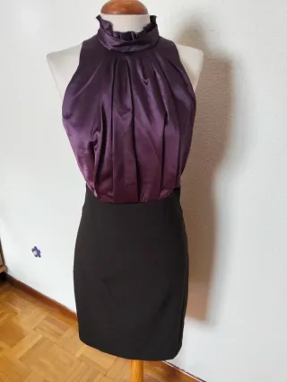 Vestido fiesta halter satén morado y negro