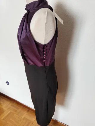 Vestido fiesta halter satén morado y negro