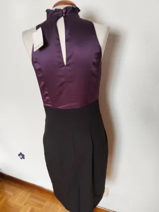 Vestido fiesta halter satén morado y negro