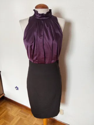 Vestido fiesta halter satén morado y negro
