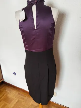 Vestido fiesta halter satén morado y negro