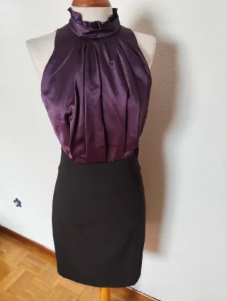 Vestido fiesta halter satén morado y negro
