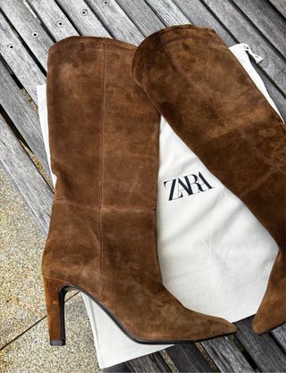 Botas Zara Tacón Serraje Pespunte Marrón