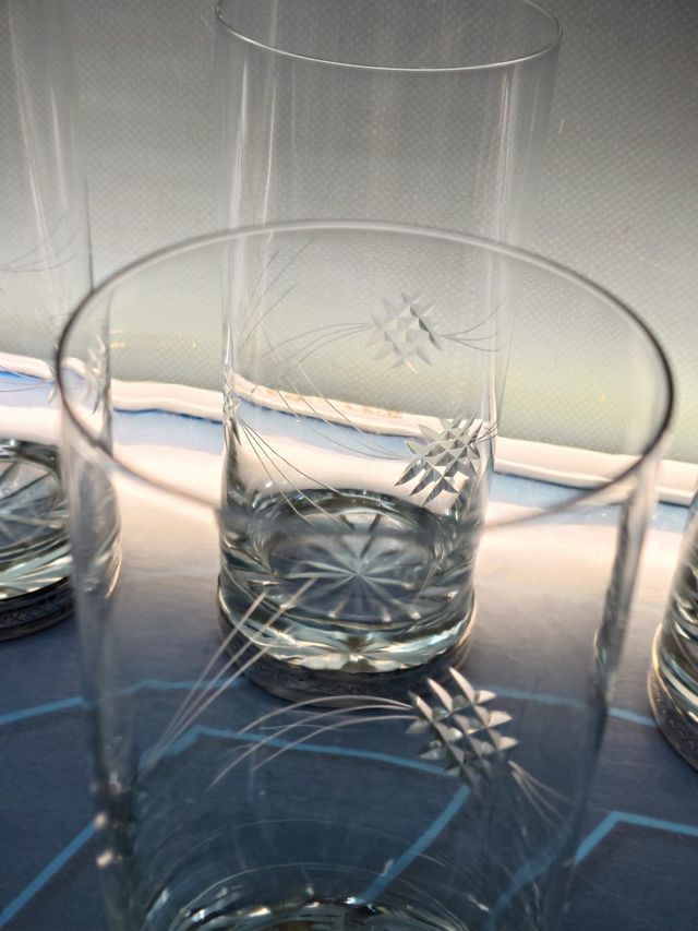 Juego 6 vasos de tubo, cristal tallado , 16 cm. con base de plata de ley?