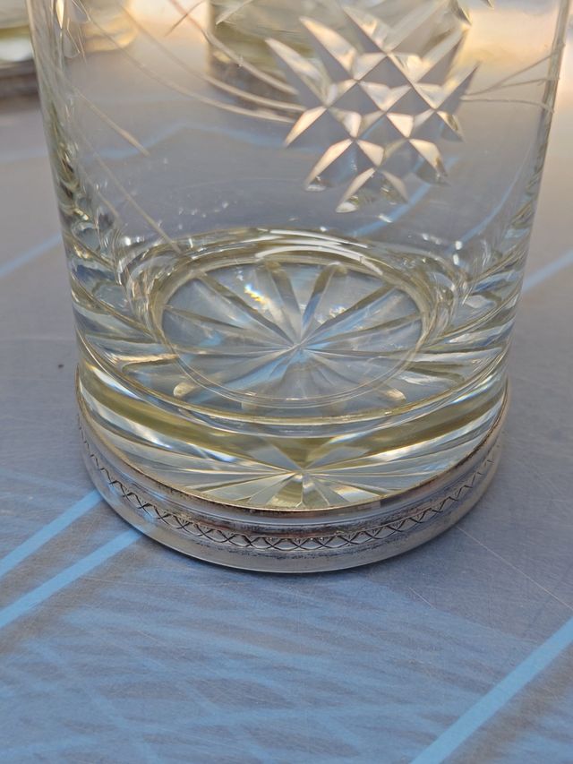 Juego 6 vasos de tubo, cristal tallado , 16 cm. con base de plata de ley?