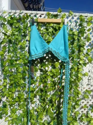 Top étnico turquesa algodón Blockprint India