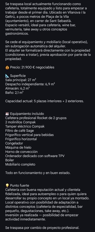 Traspaso local equipado Vilanova centro