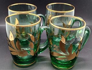 Juego Jarra y Vasos Cristal Verde Dorado