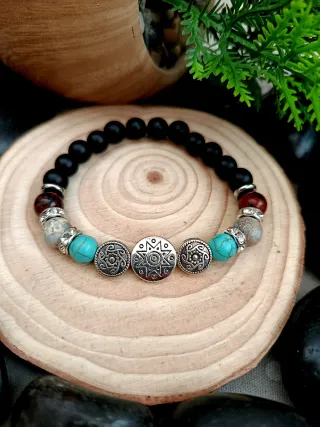 Pulsera elástica piedras negras y turquesa