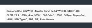 Monitor Samsung Curvo 34 WQHD