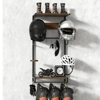 Percha moto: cascos, chaquetas, guantes, botas