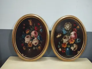 Pareja Cuadros Antiguos Ovalados Flores