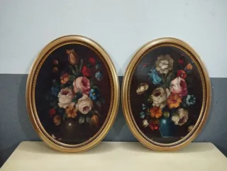 Pareja Cuadros Antiguos Ovalados Flores