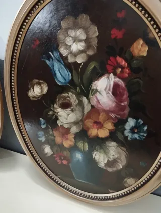 Pareja Cuadros Antiguos Ovalados Flores