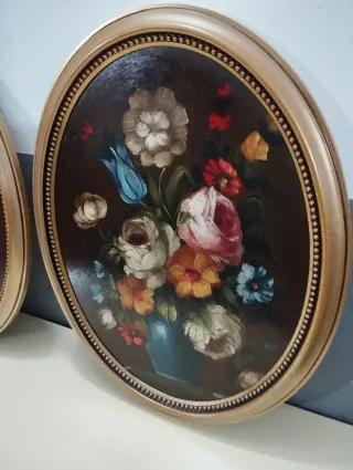 Pareja Cuadros Antiguos Ovalados Flores