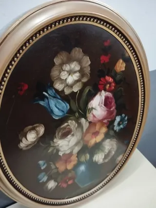 Pareja Cuadros Antiguos Ovalados Flores