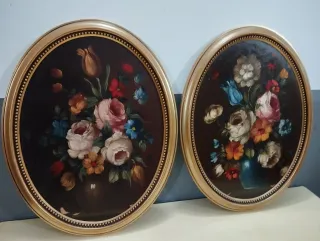 Pareja Cuadros Antiguos Ovalados Flores