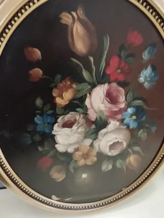 Pareja Cuadros Antiguos Ovalados Flores