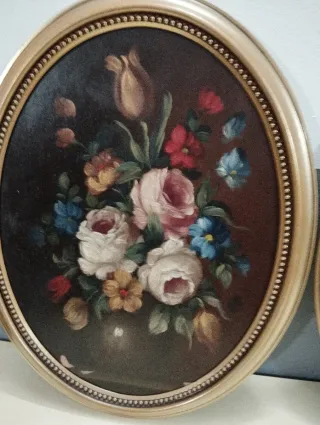 Pareja Cuadros Antiguos Ovalados Flores