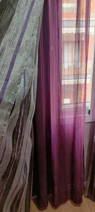 Cortinas dobles 2,55m moradas, grises+sujeta corti