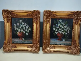 Pareja de óleos florales marco dorado