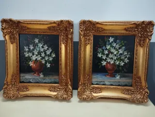 Pareja de óleos florales marco dorado