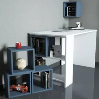 Mesa escritorio y estantería blanca y azul