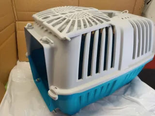 Transportín para gatos azul y blanco