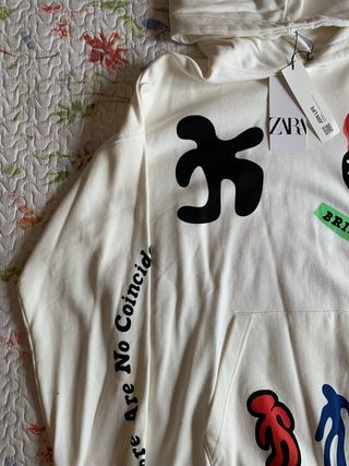 Zara hoodie oversize white "abstract artist" (M)