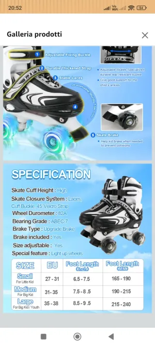 Pattini a rotelle bambino regolabili 4 ruote