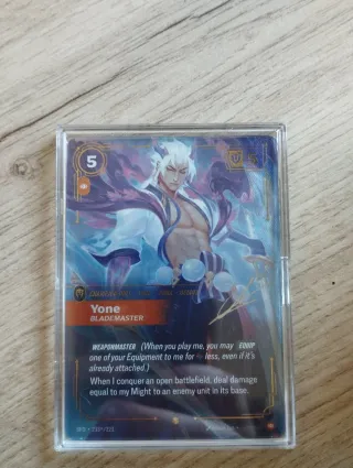 Yone Blademaster firmada. Riftbound Spiritforge