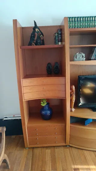 Mueble de salón de madera y cristal