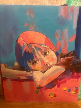 Cuadro óleo niña rosa y azul