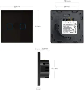 Interruptor de luz táctil, doble, vidrio, negro