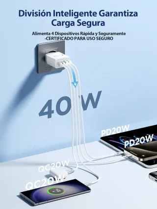 Cargador USB C, 40W 4-Puertos USBC