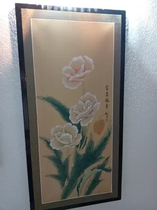 Cuadro flores papel beige y verde