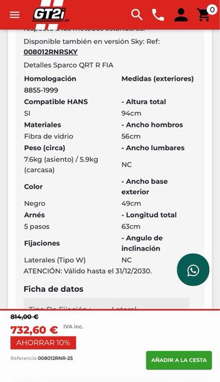 Asiento backet Sparco QRT-R