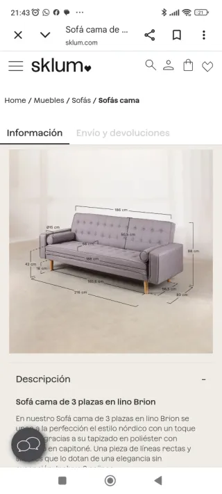 Sofá Cama Brion Lino Beige Crema