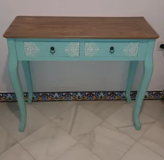 Mesa recibidor madera teal y marrón