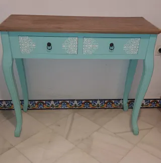 Mesa recibidor madera teal y marrón
