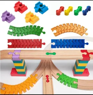 Vías tren de madera y piezas varias. 2 piezas